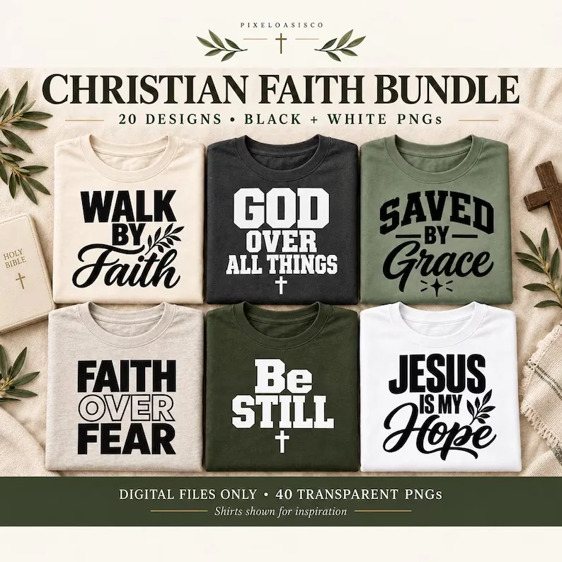Etsy bundle listing: Christian Faith Typography PNG pack — multi-design mockups.
