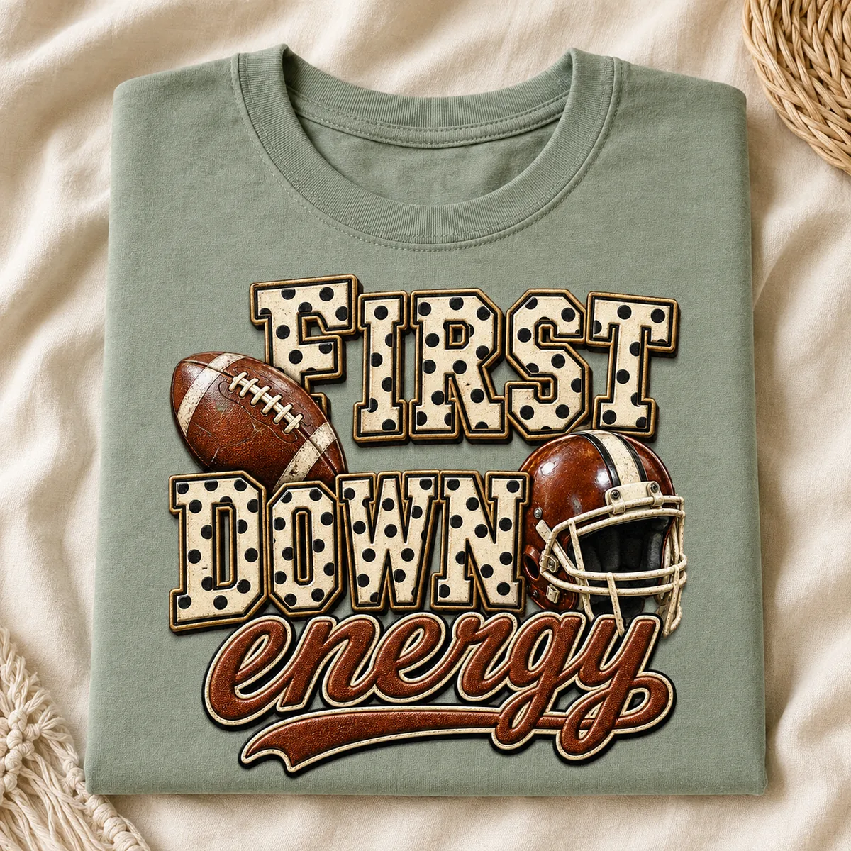 Etsy Featured: First Down Energy football PNG single on a cream tee.