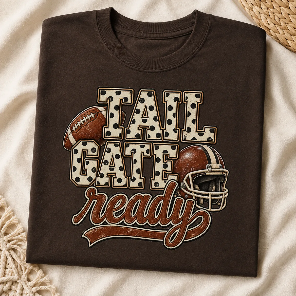 Etsy Featured: Tailgate Ready football PNG single on a cream tee.