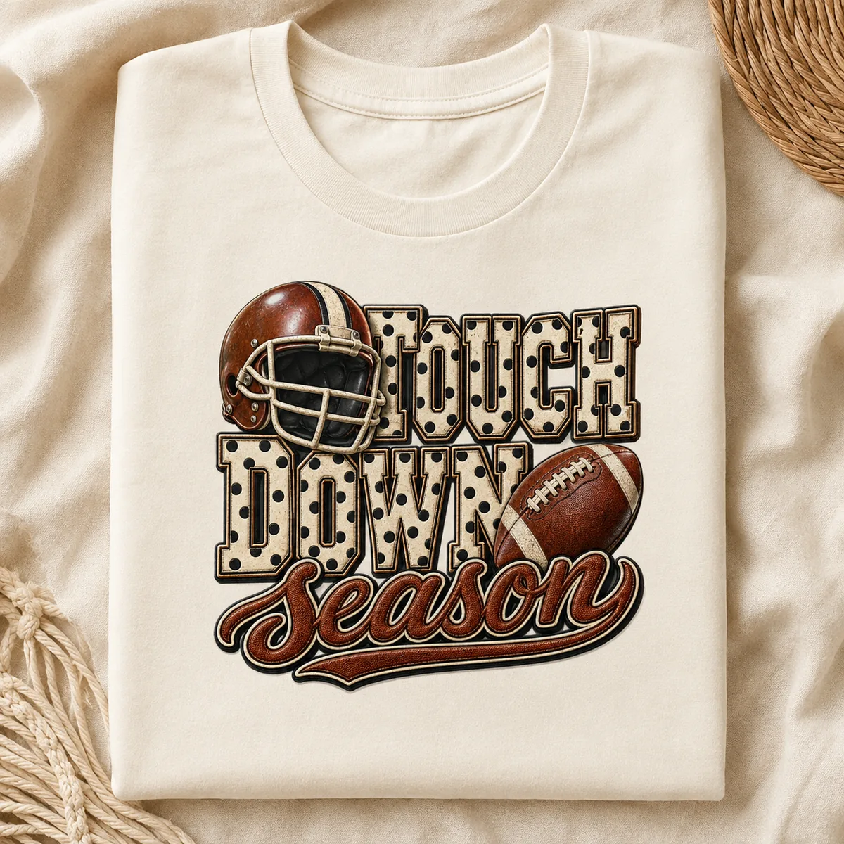 Etsy Featured: Touchdown Season polka-dot football PNG single on a cream tee.