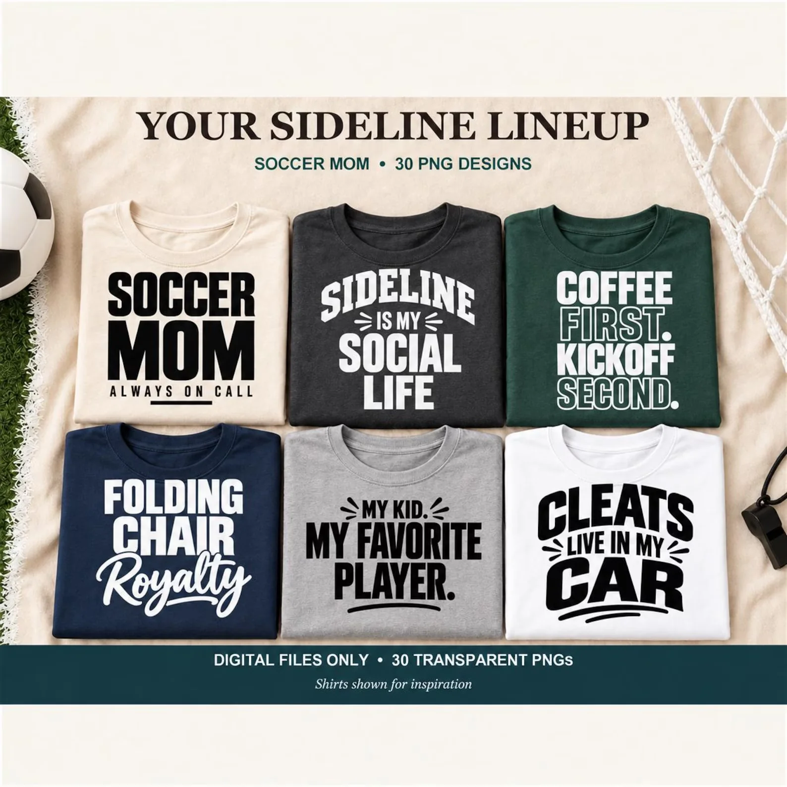 Etsy bundle listing: Soccer Mom PNG pack — multi-design lifestyle mockups.